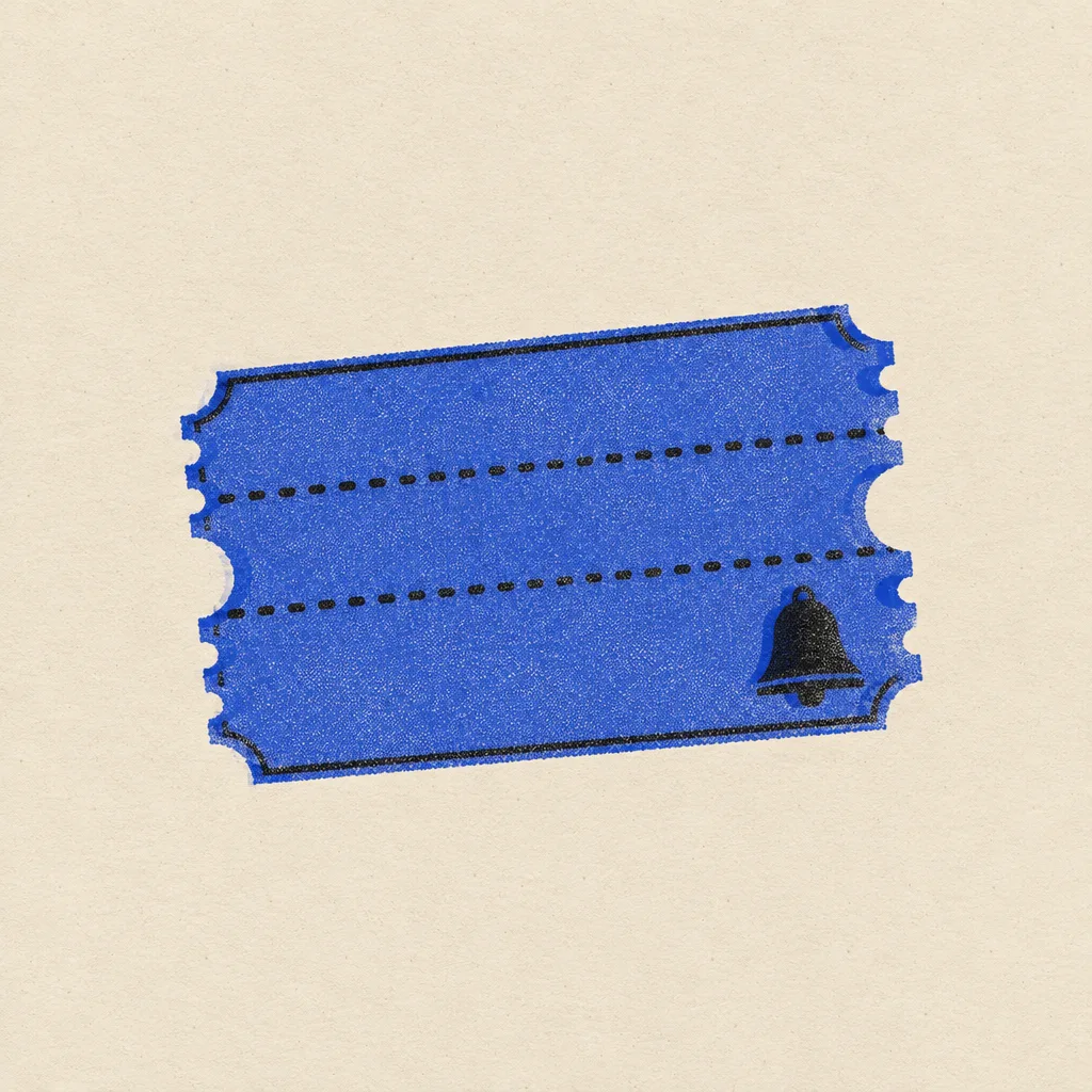 Risograph print of a paper ticket with three perforated lines, cobalt and ink on bone